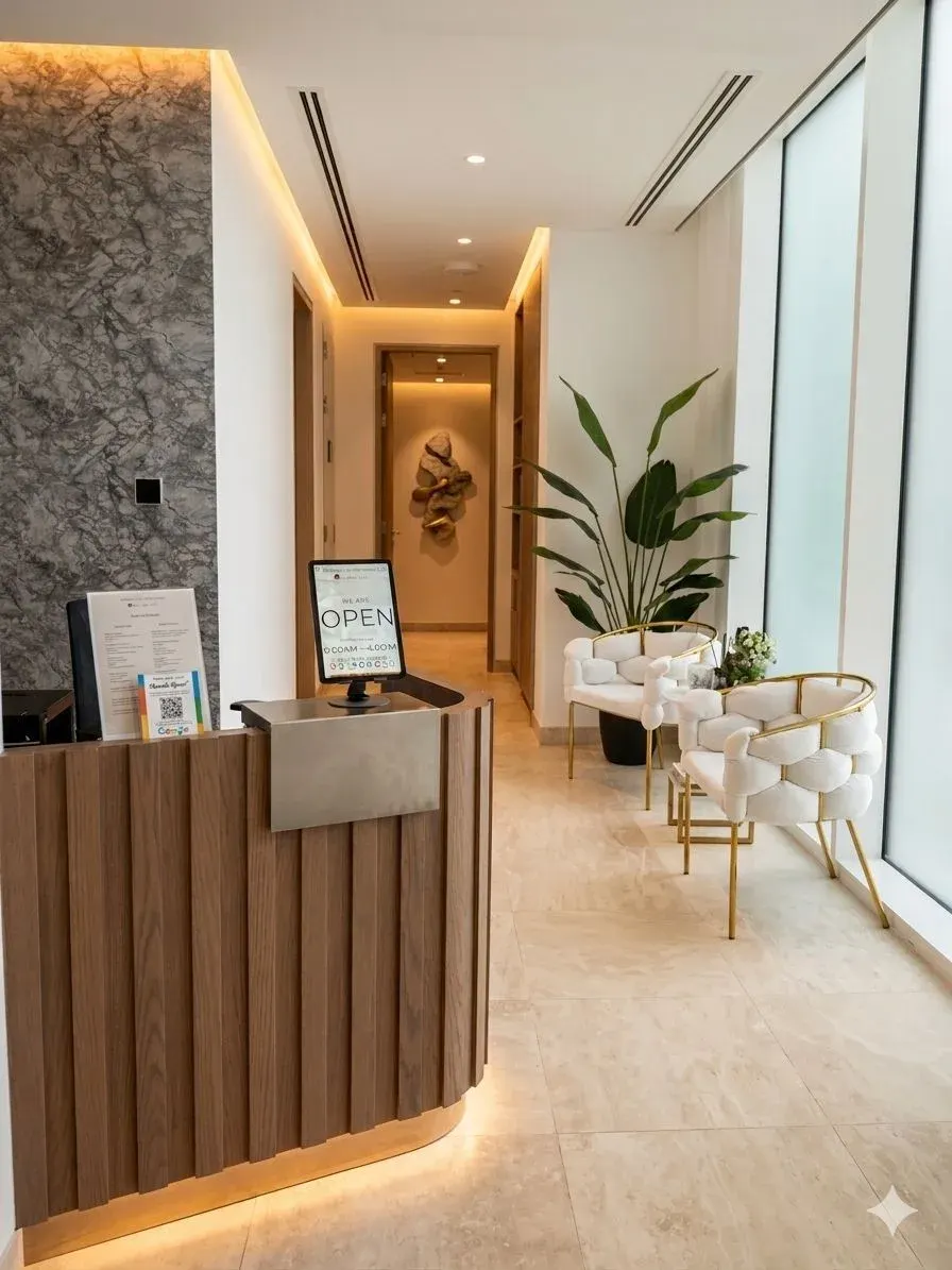 Santai Spa reception with a curved wooden desk, seating and plants