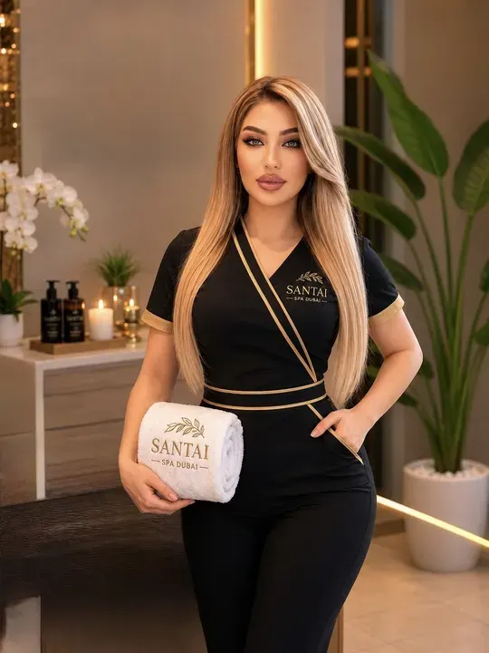 Santai Spa therapist in a black-and-gold uniform holding a folded towel.