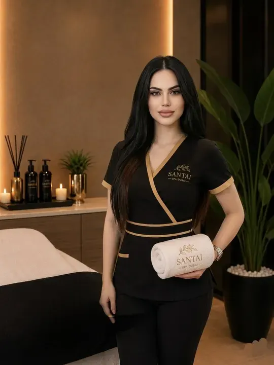 Santai Spa therapist in a black-and-gold uniform.