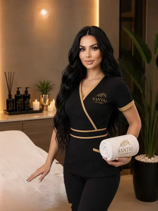 Santai Spa therapist in uniform holding a folded towel.