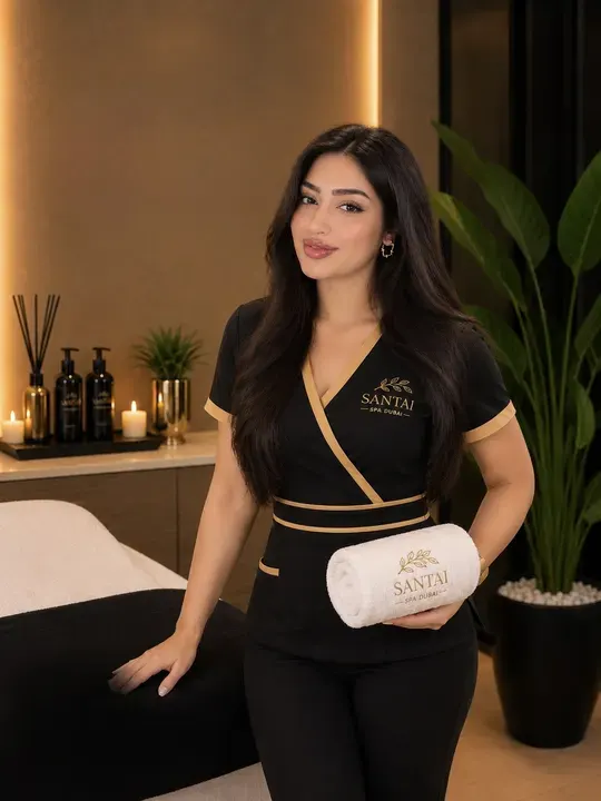 Santai Spa therapist standing beside a massage bed.