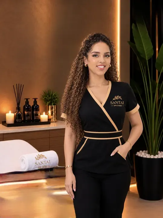 Santai Spa therapist in uniform, pictured beside the treatment bed.
