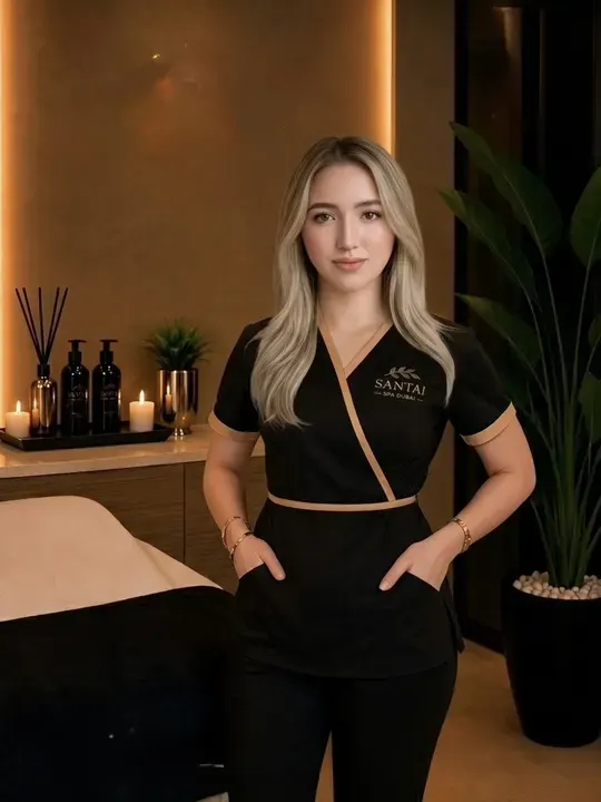 Santai Spa therapist in a black-and-gold uniform.