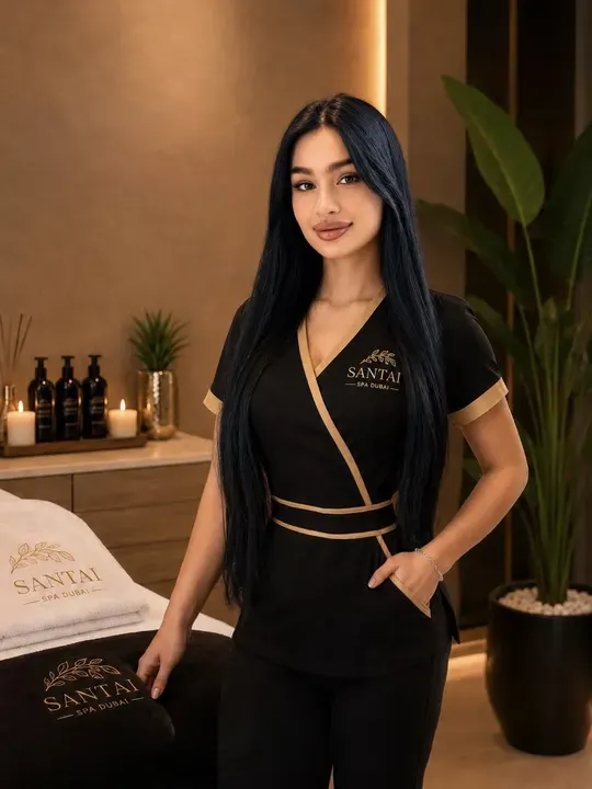 Santai Spa therapist beside branded spa towels in the treatment room.
