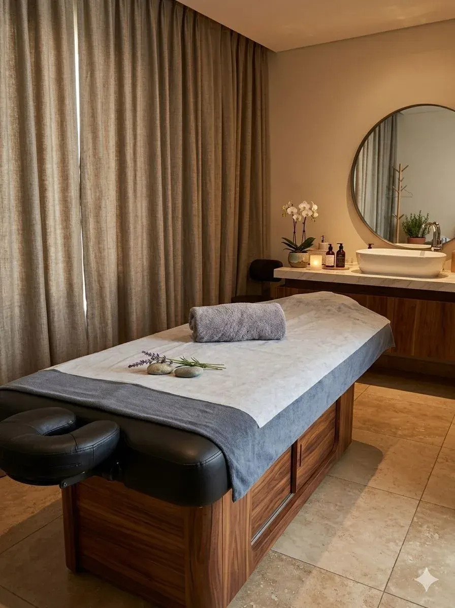 Santai Spa treatment room with a massage bed, folded towel and round mirror